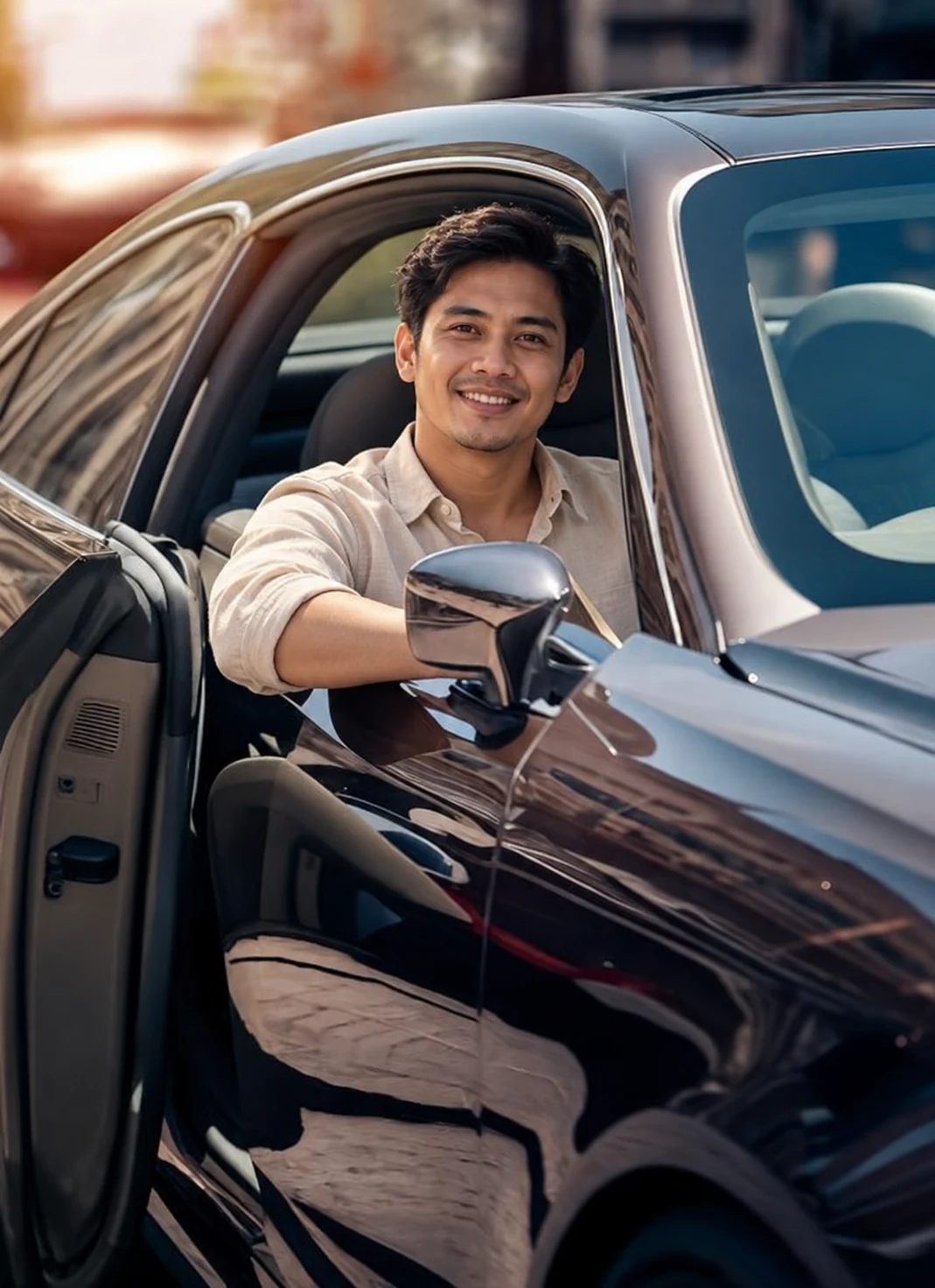Pria Indonesia di samping mobil sewa
