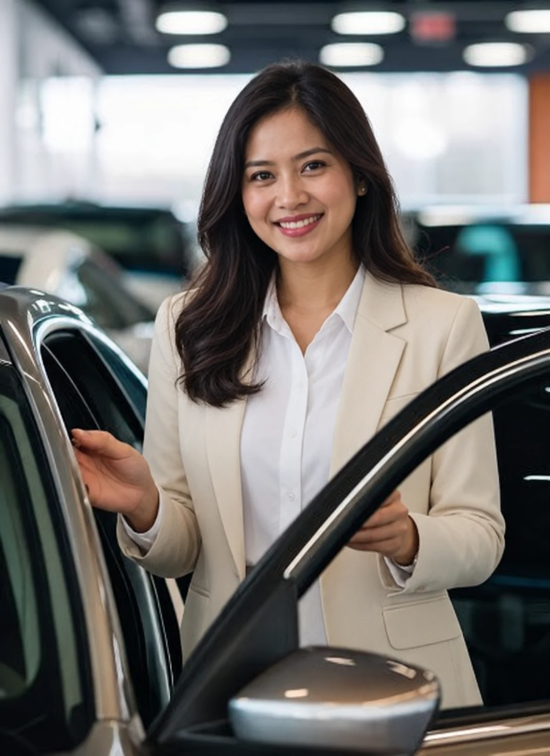 Wanita Indonesia menyambut pelanggan di samping mobil