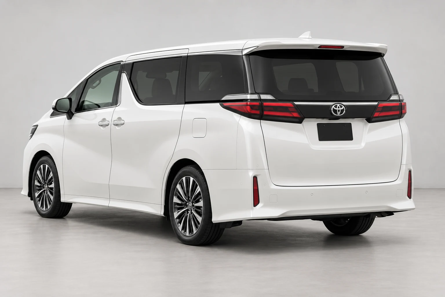 Ilustrasi Alphard Gen 4 dari sudut belakang tiga perempat